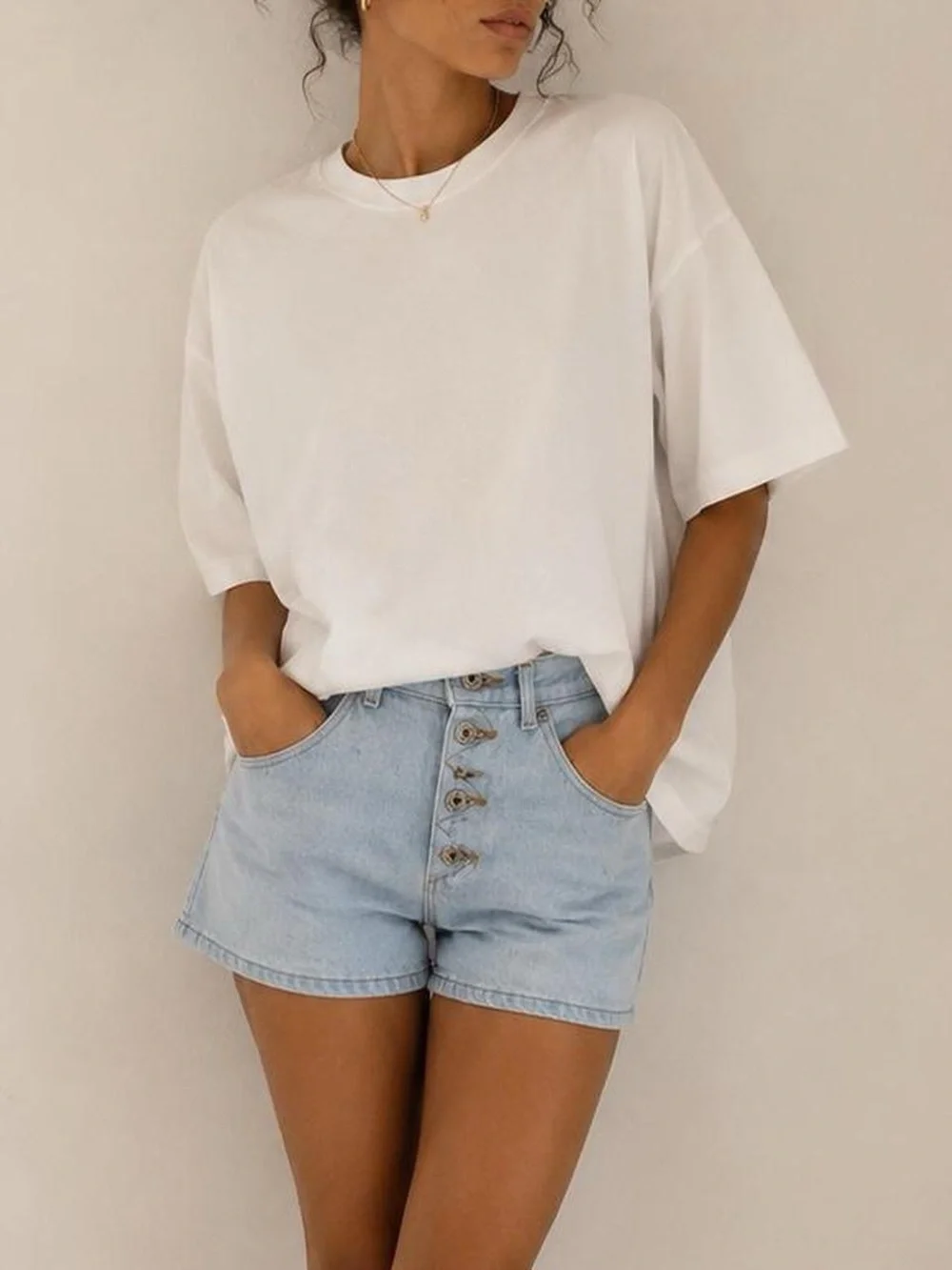 Light Blue Denim High-Waist Button-Front Women’s Shorts - Picture 2 of 4